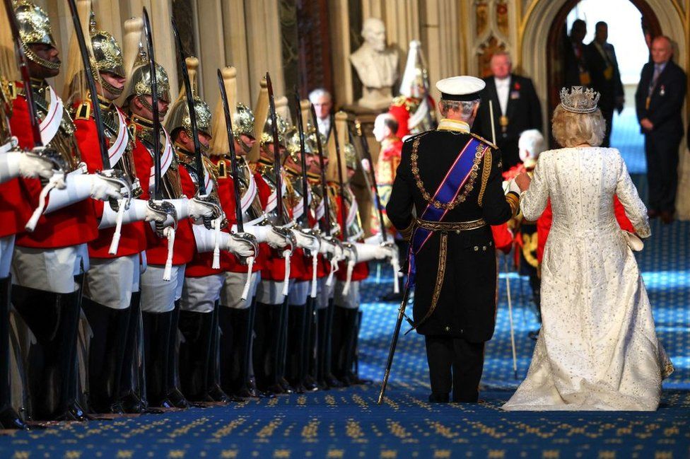 King Charles III and Queen Camilla depart the State Opening of Parliament in the House of Lords at the Palace of Westminster in London.