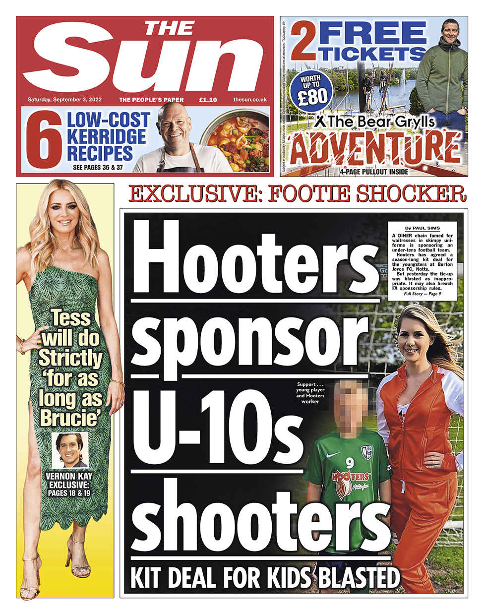 The headline in The Sun reads 'Hooters sponsor U-10s shooters'