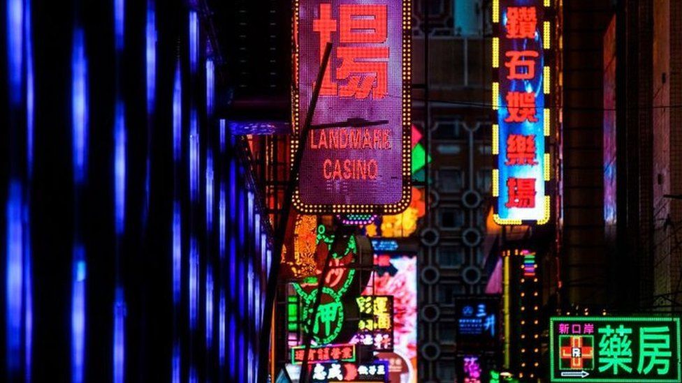 Neon signage for the Landmark Casino is seen in Macau.