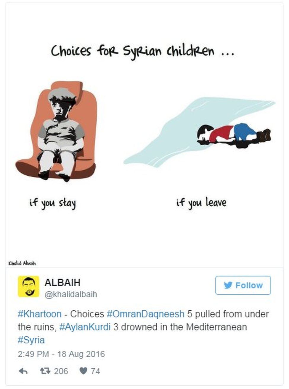 Tweet by @khalidalbaih on 18 August 2016 saying "#Khartoon - Choices #OmranDaqneesh 5 pulled from under the ruins, #AylanKurdi 3 drowned in the Mediterranean #Syria"