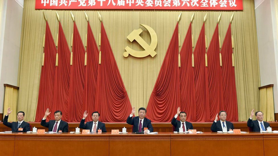 In this photo released by Xinhua News Agency, members of the Politburo Standing Committee, from left, Zhang Gaoli, Liu Yunshan, Zhang Dejiang, Chinese President Xi Jinping, Chinese Premier Li Keqiang, Yu Zhengsheng, and Wang Qishan attend the Sixth Plenary Session of the 18th CPC Central Committee held in Beijing on Thursday, Oct 27, 2016.