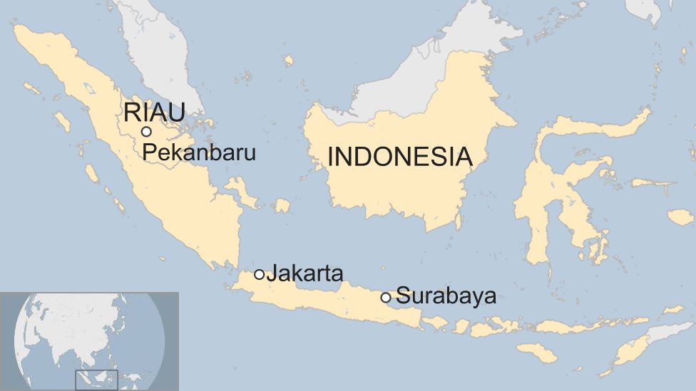 Map showing the location of the town of Pekanbaru in Riau province, Indonesia in relation to the capital Jakarta and the city of Sidoarjo