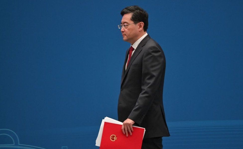 Qin Gang, State Councillor and Foreign Minister of China, walks off stage after delivering a speech