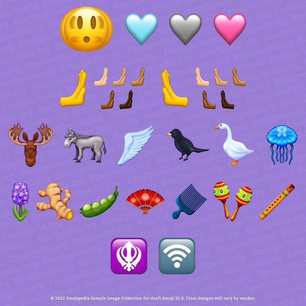 Pictures of the new emojis. These include a moose, horse, bird, jellyfish, ginger, and comb.