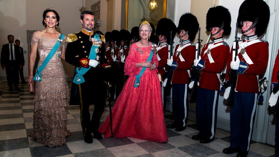 The crown prince and princess and Queen Margrethe II