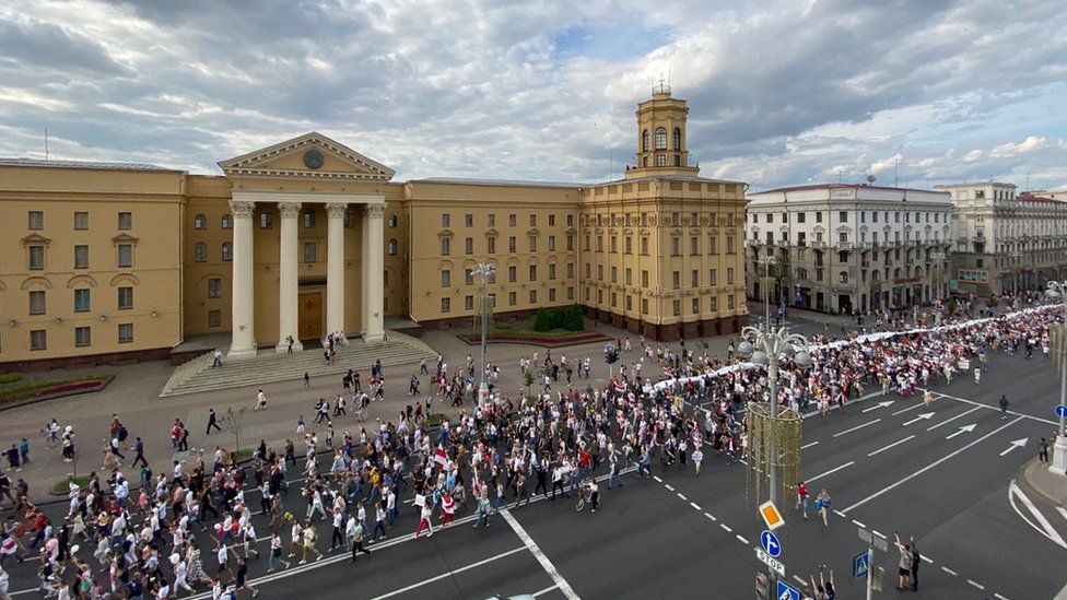 Protesters staged big marches in several cities, including in the centre of the capital Minsk