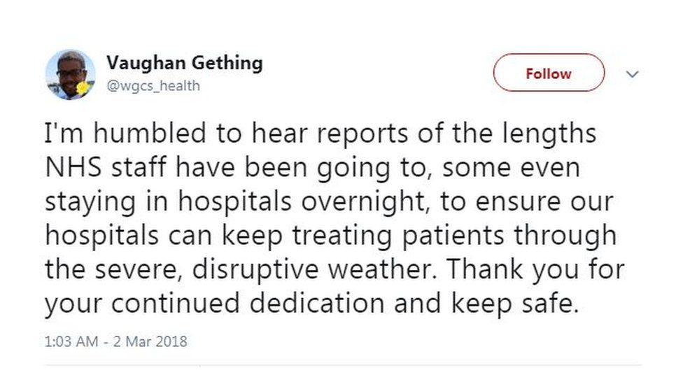 Storm Emma NHS staff's 'heroic efforts' praised BBC News