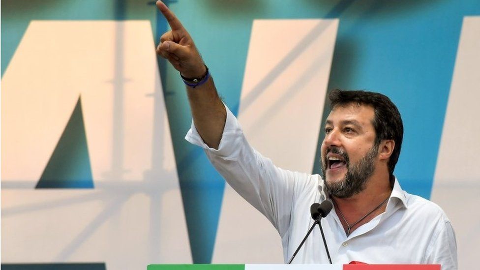 Matteo Salvini gestures as he speaks during a rally of Italy's far-right League party earlier this month