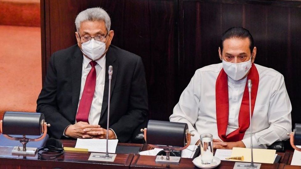 Sri Lankan President Gotabaya Rajapaksa (L) and Prime minister Mahinda Rajapaksa (R), attend a session at the Parliament in Colombo, Sri Lanka, 07 April 2022.