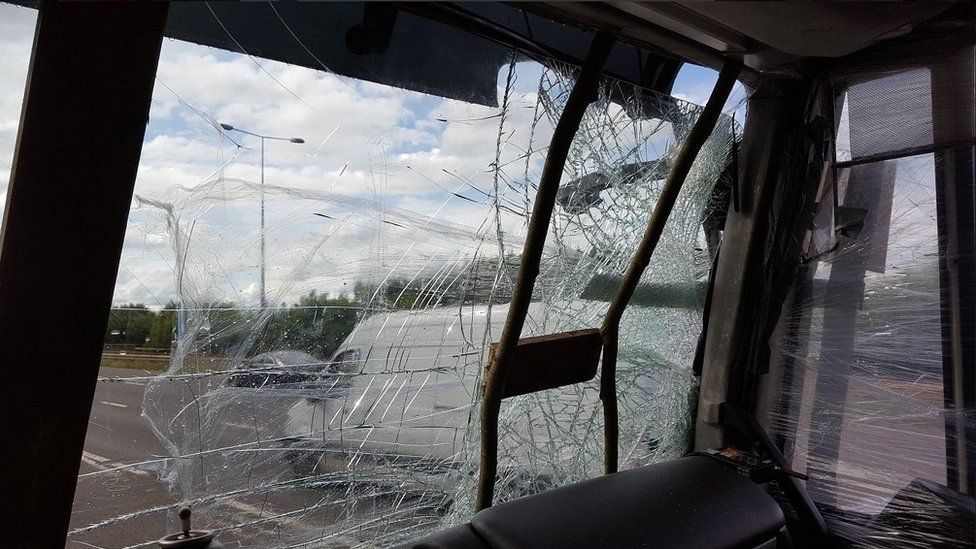 Damaged lorry windscreen