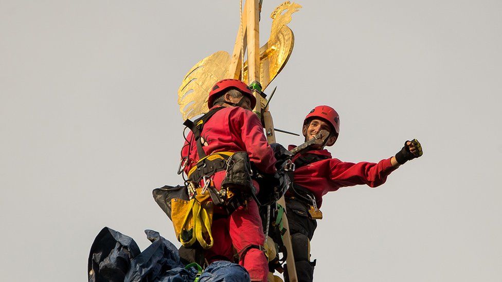Chris and Sam Milford on Norwich Cathedral's spire