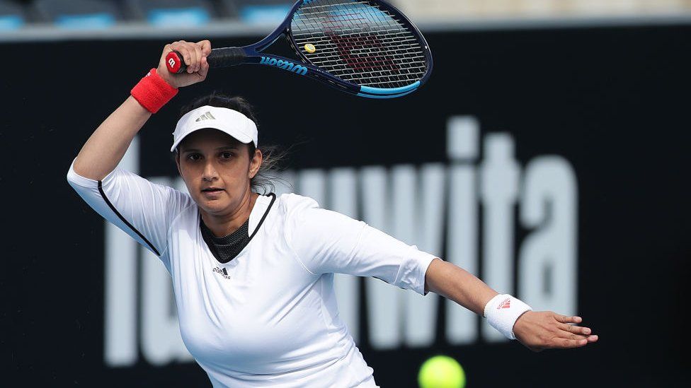 Sania Mirza of India plays a forehand during their semi final doubles match against Maria Bouzkova of Czech Republic and Tamara Zidansek of Slovakia during day seven of the 2020 Hobart International at Domain Tennis Centre on January 17, 2020 i