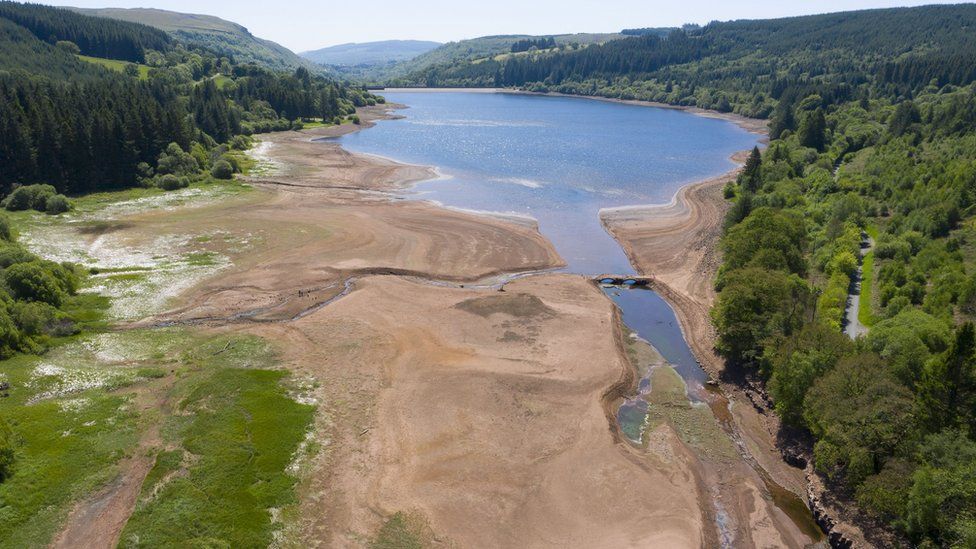 Low water levels in the Llwyn-on reservoir in Taf Fawr valley