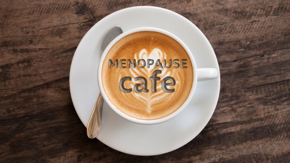 Graphic of a cup of coffee with the words: Menopause cafe