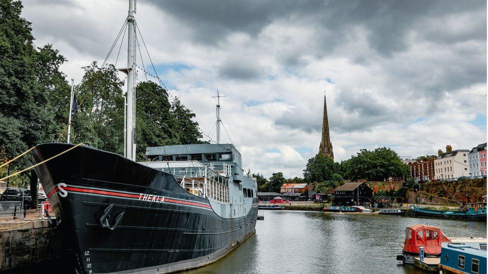 Thekla moored in Bristol, seen from the outside
