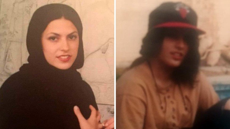 Feranak Amidi as a teenager, wearing a hijab (L) and in Western clothing (R)