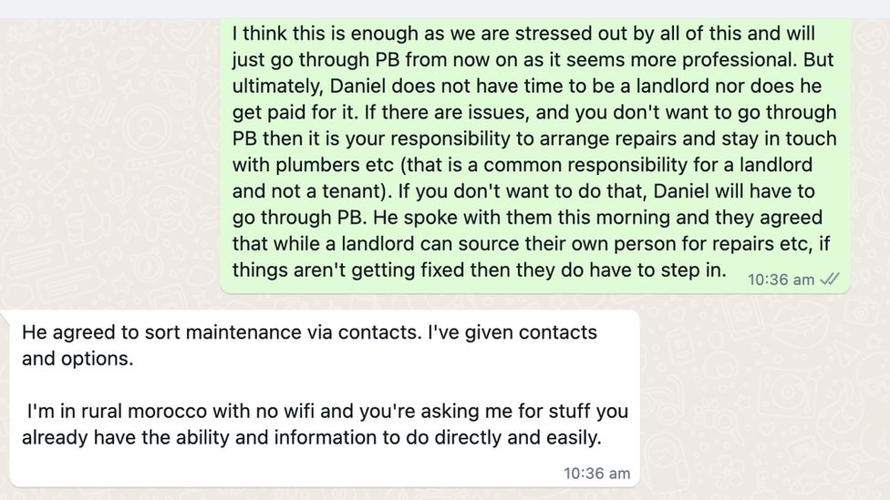 Text exchange between Rose and her landlord