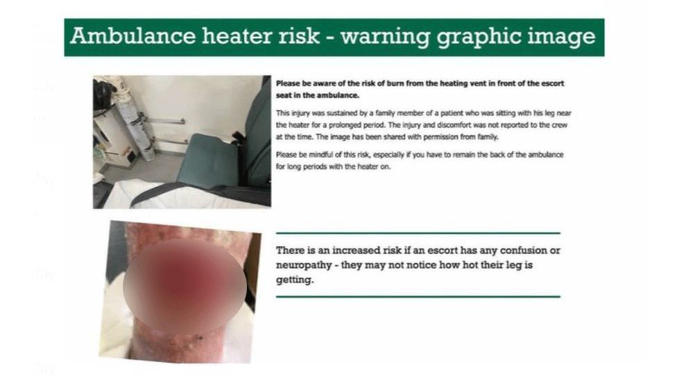 An alert issued by the East of England Ambulance Service warning of a burn risk due to the proximity of a heating outlet