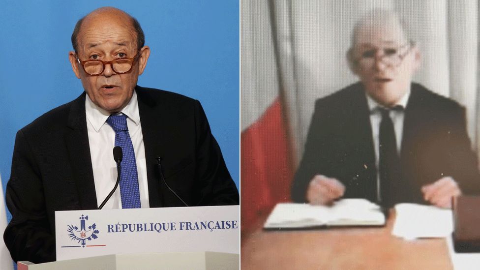 Jean-Yves Le Drian (L) and his impersonator