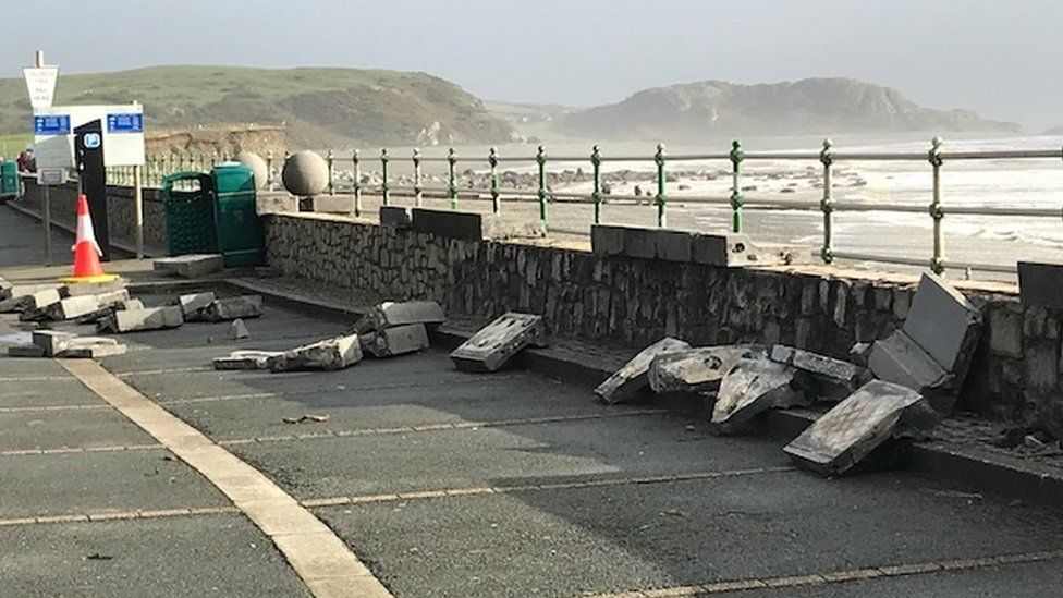 The prom on Morannedd Beach, Cricieth, was damaged by the storm
