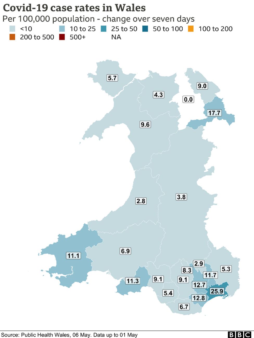 Carte montrant les cas à travers le Pays de Galles