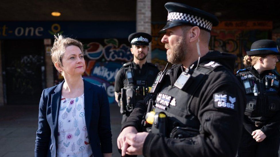 Shadow home secretary Yvette Cooper, during a visit to Milton Keynes, Buckinghamshire, where she met with Police and Community Support Officers to discuss the challenges with knife crime and anti-social behaviour