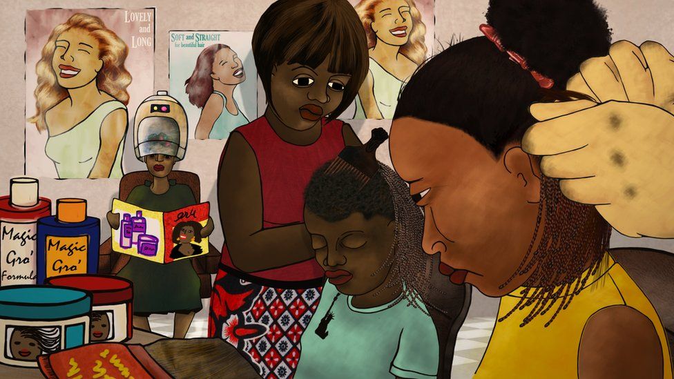 A still from her animation Yellow Fever showing girls getting their hair braided and some bottles of 'magic cream'.