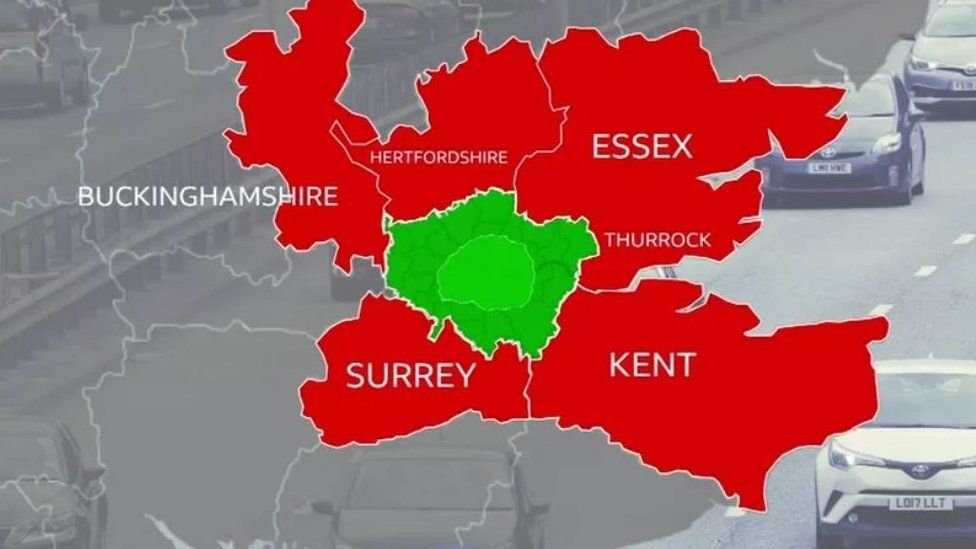 A map showing the regions affected by the expanded Ulez sign
