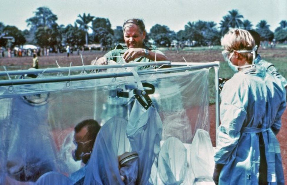 A suspected Ebola victim in isolation in Zaire in 1976