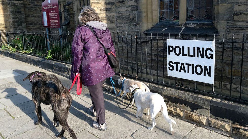 woman with two dogs at polling station