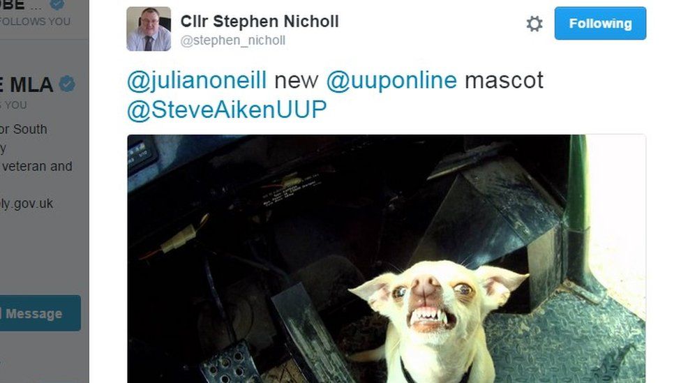 Stephen Nicholl tweets: "new @uuponline mascot @SteveAikenUUP" with photo of angry dog