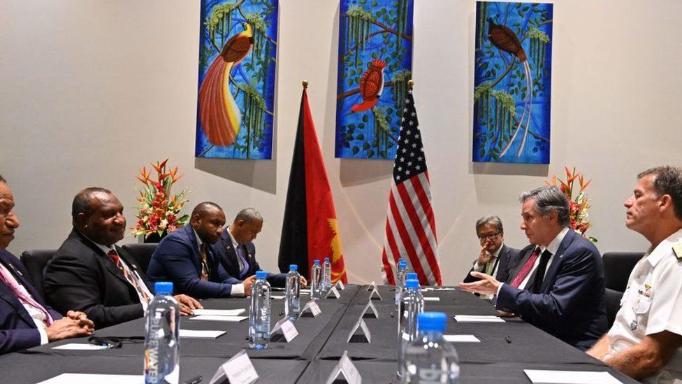 US Secretary of States Antony Blinken (3rd-R) holds a bilateral meeting with Papua New Guinea's Prime Minister James Marape (L) in the Port Moresby, Papua New Guinea on 22 May