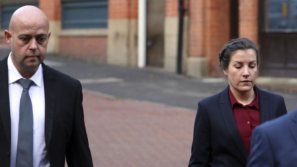 Police constables Benjamin Monk (left), and Mary Ellen Bettley-Smith (right), arrive at Birmingham Crown Court