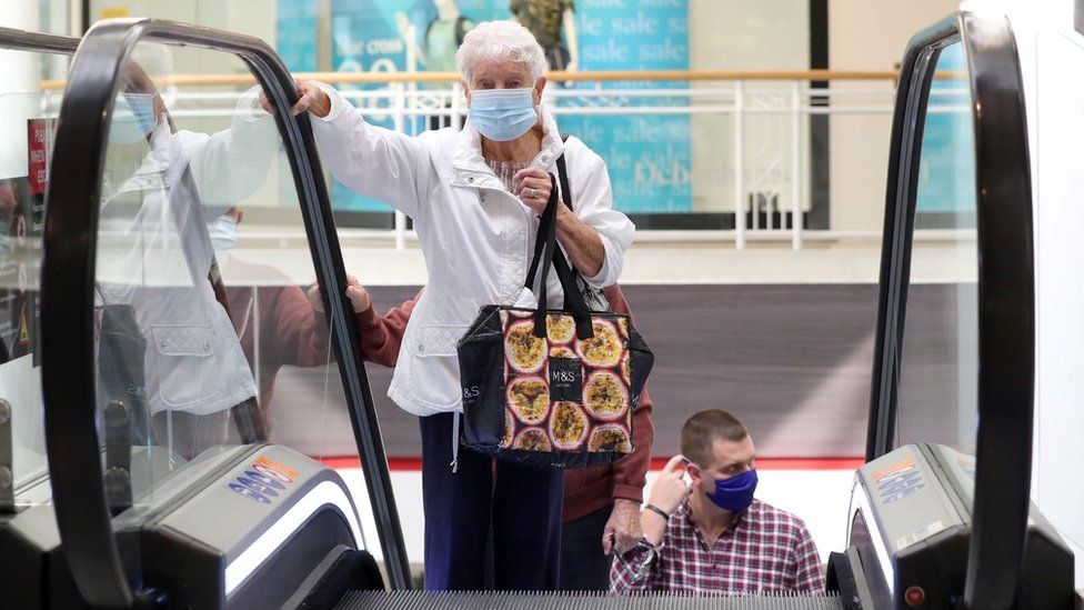 Shoppers wearing face coverings