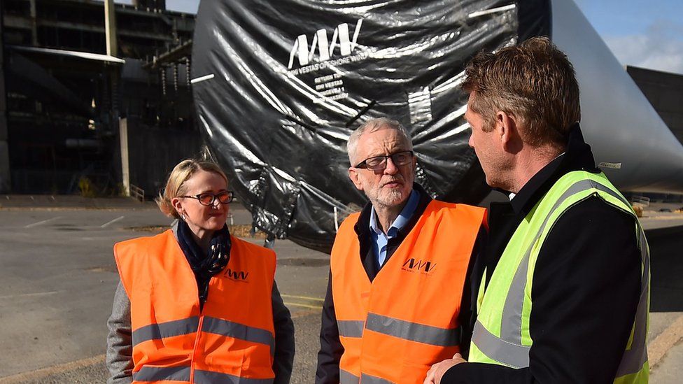 Rebecca Long-Bailey and Jeremy Corbyn visit a wind turbine factory