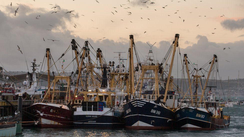 Fishing boats moored in Brixham harbour