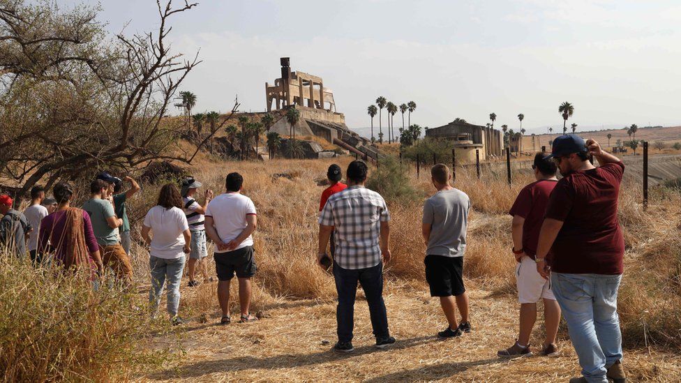 Israeli tourists visit the Naharayim peace park on November 8, 2019