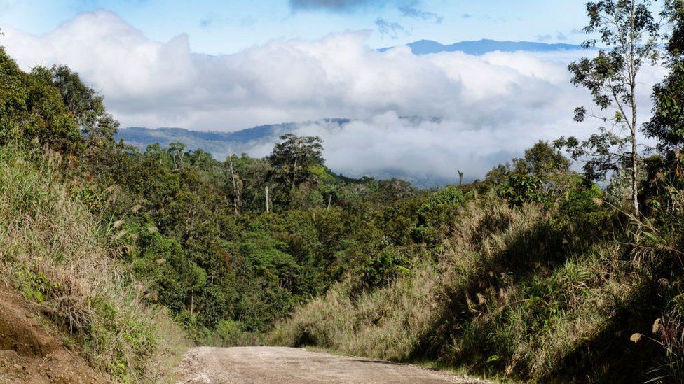 Highlands Highway running through rain forest at Tari, Papua New Guinea.