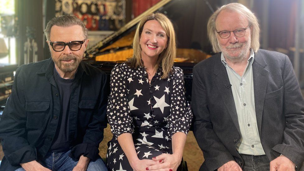 Björn Ulvaeus (left), Victoria Derbyshire (centre), Benny Andersson (right), pictured in May 2023