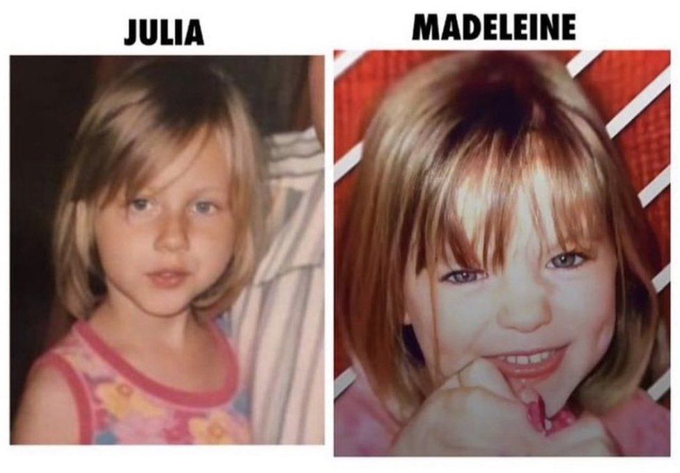 An image from Julia's @iammadeleinemccann account, showing side-by-side photos of Julia as a child and Madeleine
