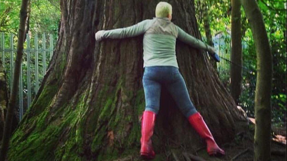 A woman hugging the redwood tree