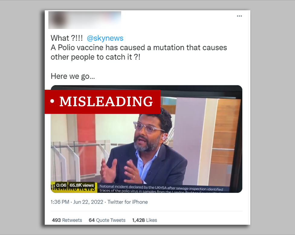 Post labelled MISLEADING reads: "What?! A polio vaccine has caused a mutation that causes other people to catch it?! here we go..."