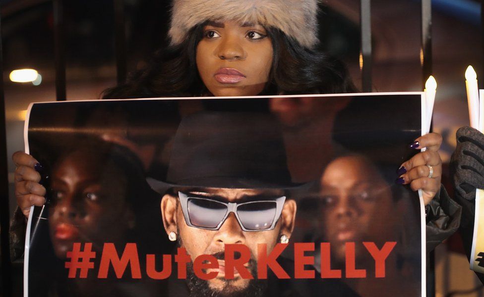 Demonstrators gather near the studio of singer R Kelly to call for a boycott of his music after allegations of sexual abuse against young girls were raised on the highly-rated Lifetime mini-series Surviving R Kelly, in Chicago, Illinois, 9 January 2019