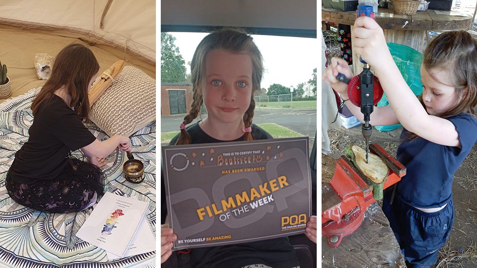 Three images of Beatrice, painting, holding a film maker certificate and doing woodwork