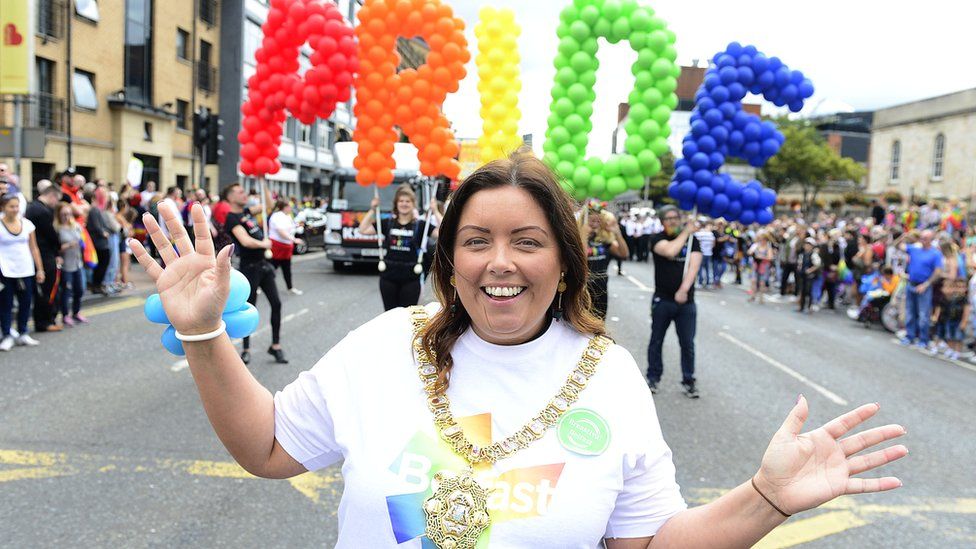 Lord Mayor of Belfast, Deirdre Hargey takes part in the annual Belfast Pride parade.
