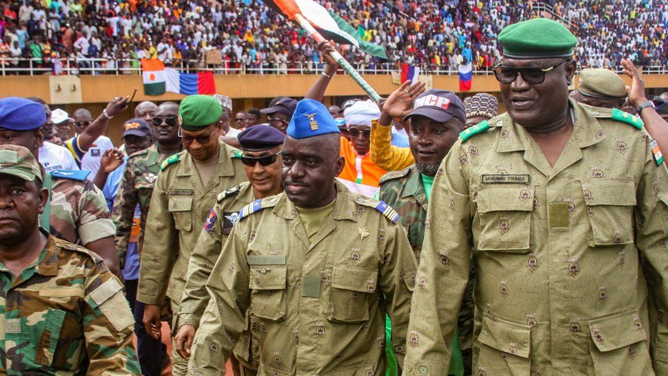 Niger's junta leaders attend a rally at a stadium in Niamey. Photo: 6 August 2023