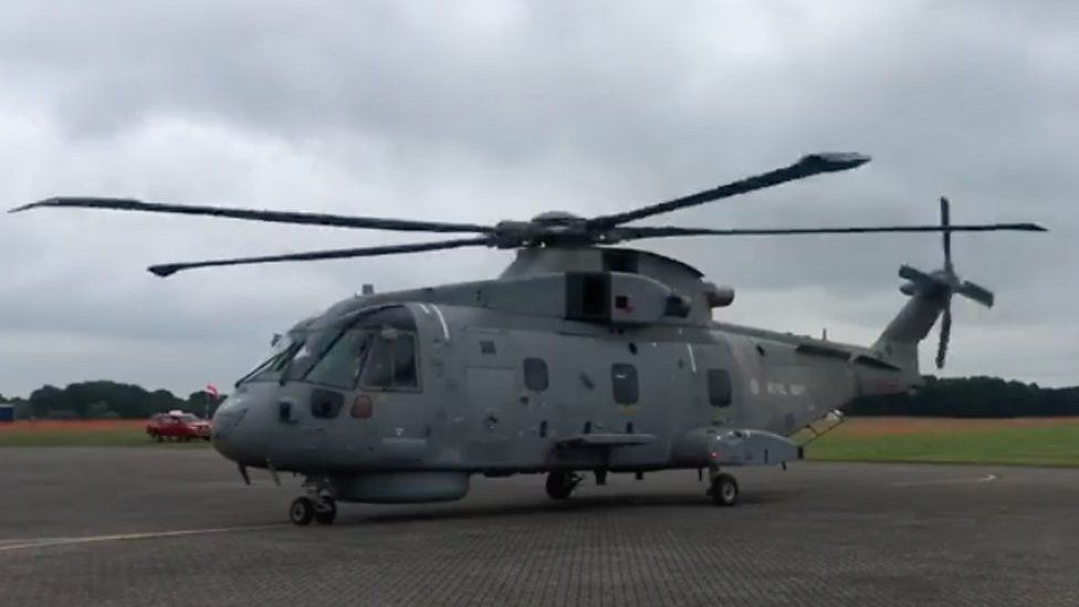 A Merlin helicopter arrives at RAF Cosford on Friday