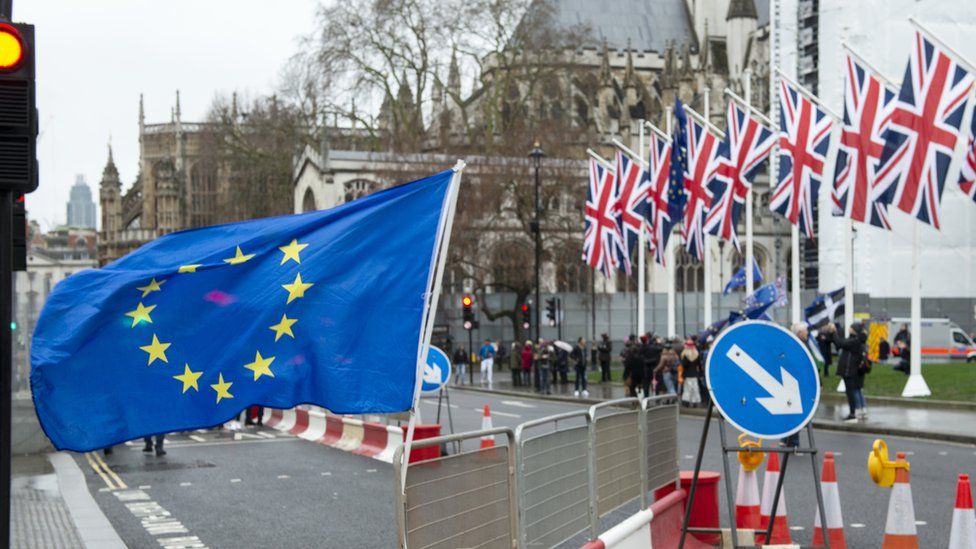 EU and UK flags outside Parliament