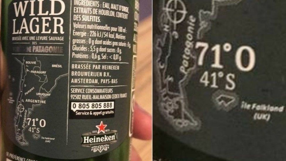 Beer bottle with label saying Falkland Islands (UK)