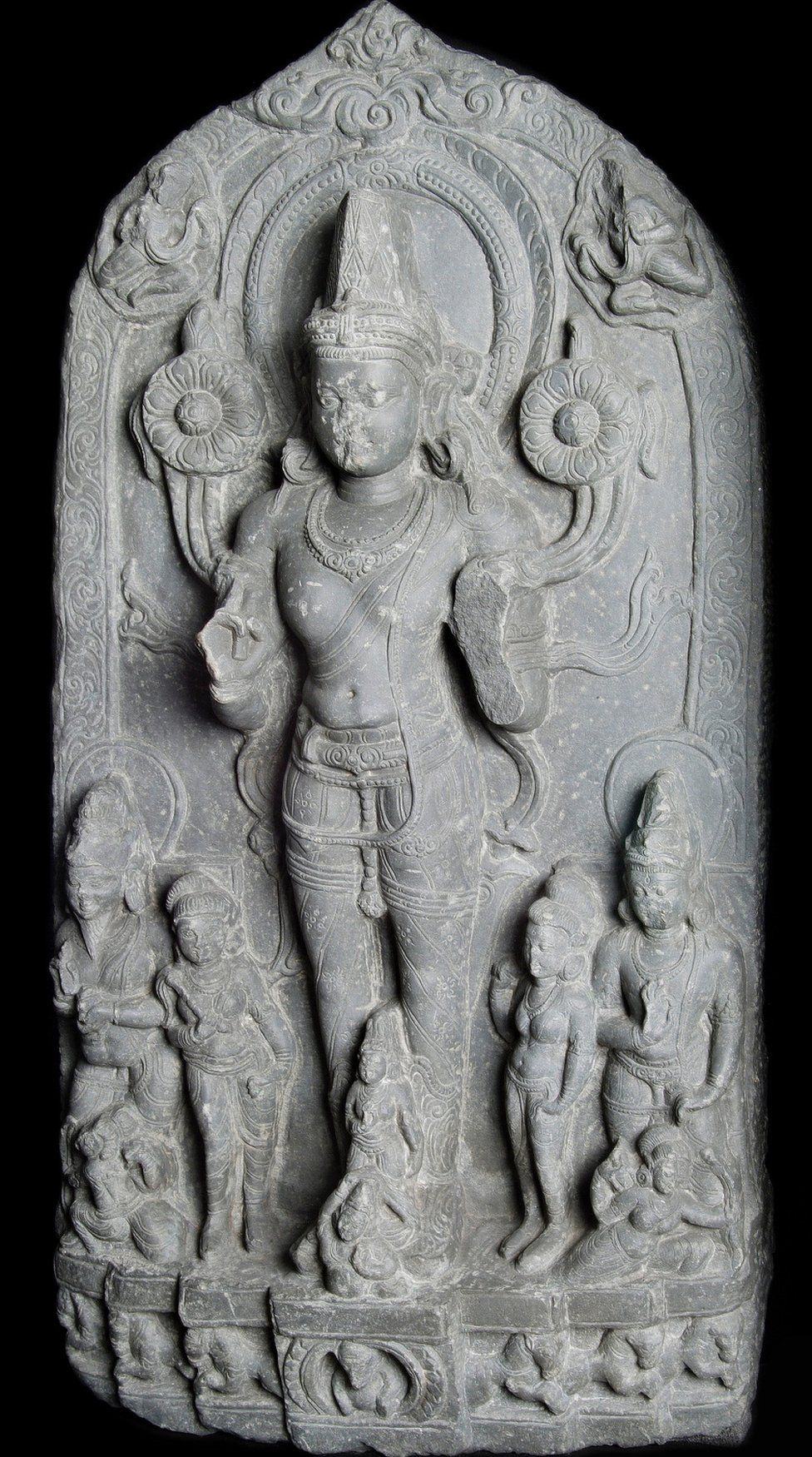 Stele carved from black chlorite representing Surya, the Hindu deity of the sun